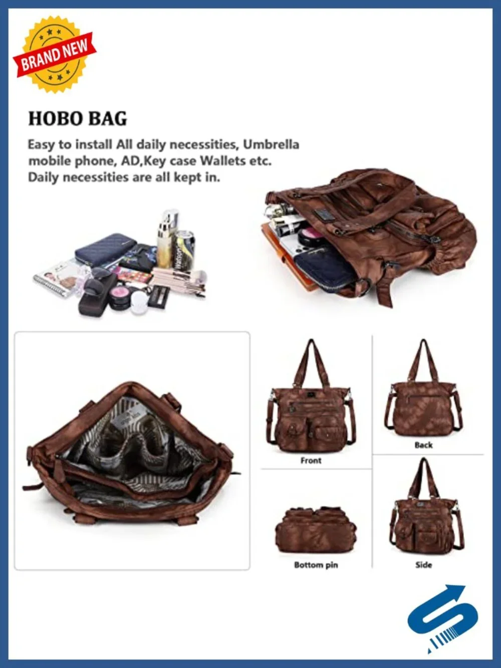 Women's Soft Washed Vegan Leather Hobo Shoulder Bag Satchel Crossbody